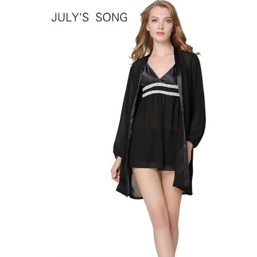JULYS SONG 3 Piece Lace Pajamas Suit Spring Summer Faux Silk Nightdress Women V-neck Suspender Skirt Shorts Long sleeve Robe