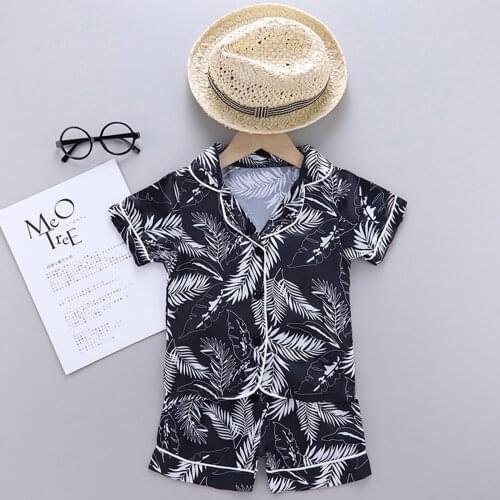 TELOTUNY Kids Baby Boys Girls feather Print Pajamas Sets Satin Short Sleeve Comfort Home Sleepwear+Shorts Summer Pijamas Set