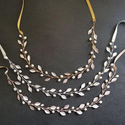 SLBRIDAL Handmade 3 Colors Alloy Leaf Freshwater Pearls Bridal Hair accessories Wedding Headband Hair Vine Women Jewelry