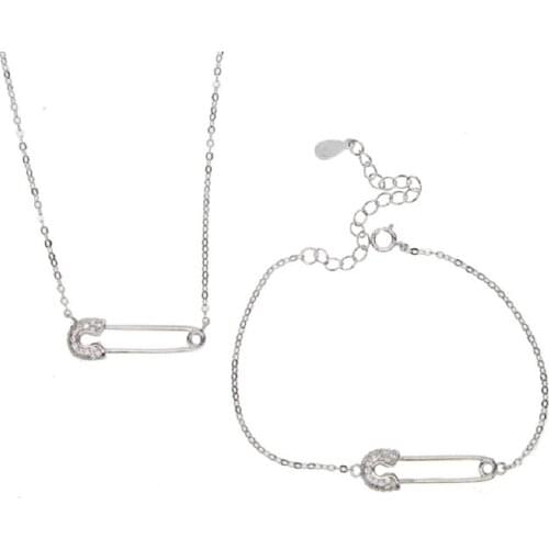 Drop shipping untique dainty delicate necklace Safety Pin charm paved cz bracelet set Womens Girls in fine 925 sterling silver