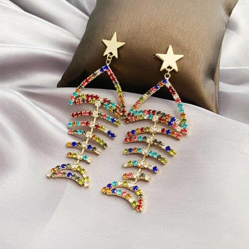 Fish Bone Full Rhinestone Drop Earrings For Women Charm Multi Color Crystal Earrings for Party Jewelry