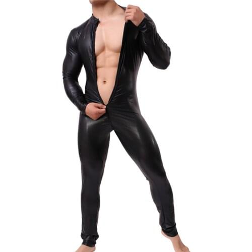 Sexy Men Shapers Wetlook Leather Latex Catsuit Long Sleeves Zipper Gay Men Full Body Leotard Lingerie Bodysuit Clubwear Shapers