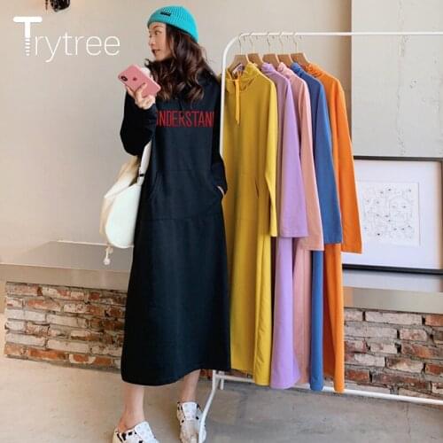 Trytree Spring Autumn Womens Dress Casual Fashion Letters Cotton Blended Straight Floral Mid-Calf Loose Hoodid Dress Streetwear