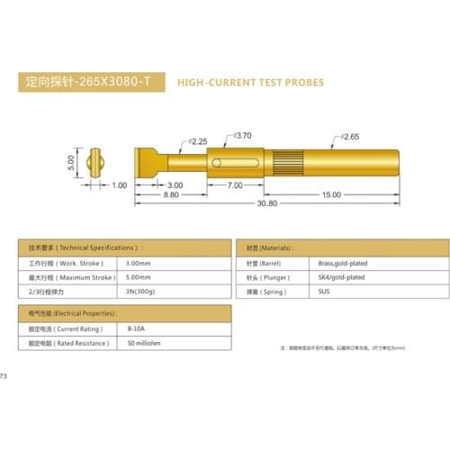 High Current Spring Test Probes H265x3080T Pogo Pin Rated Current 10A Gold Plated TIP styles Sockets