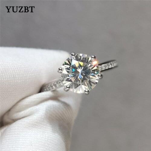 YUZBT Women 925 Silver 2 Carat Round Excellent Cut Gemstone Diamond Test Past D Color Moissanite Engagement Ring Wedding Jewelry