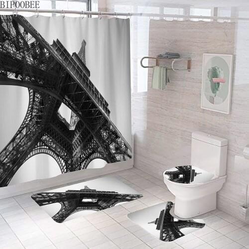 Tower Bottom Black White Print Shower Curtains Bathroom Curtain Bath Mat Set Toilet Cover Pedestal Non-Slip Carpet Home Decor