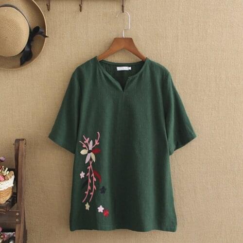 Plus Size T Shirt For Women Natural Cotton And Linen Fabric Chinese Wind Element Embroidery Pattern Short Sleeve Shirt In Summer