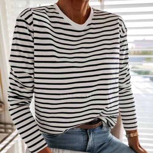 Dabourfeel Black White Striped Autumn Women T Shirt O Neck Long Sleeve Casual Basic Tops 2020 Autumn New Fashion