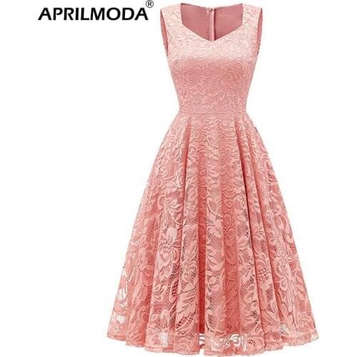 Women Elegant Formal Party Sexy Night Club Dresses 2020 Summer V Neck Sleeveless Lace Dress Work A-Line Swing Office Vestidos