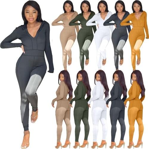 2021 Casaul Women Jumpsuit Deep V-neck Solid Color Streetwear Full Sleeve Sportsuit Clothes For Women Autumn Outfit