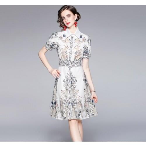 Women Summer Designer Elegant Vintage Print Shirt Dress Lady Casual Party Robe High Quality White Lapel A-Line Dresses Vestidos