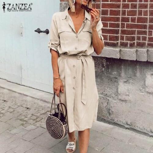 2021 Spring Women Shirt Dress ZANZEA Belt Knee Length Vestidos Casual Solid Long Sleeve Sundress Office Lady Robe