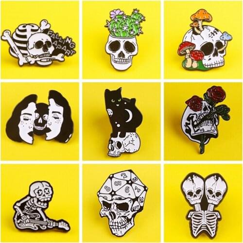 Pulaqi Black White Skull Skeleton Brooch Mushroom/Cat/Guitar/Rose Skull Love and Death Pins Skull Lapel Pin Badges Skull Jewelry