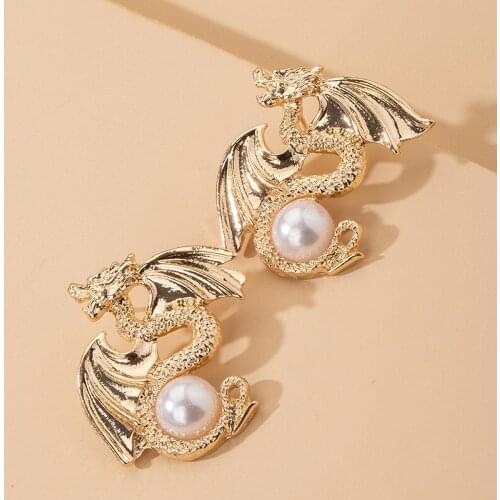 1Pair Chinese Dragon Earrings Female Europe Vintage Exaggerated Creative Simulated Pearl Pterosaur Earrings Earrings Women