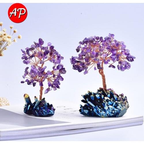 1pc 13-14cm Natural Amethyst Quartz Crushed Stone Rainbow Crystal Cluster Base Specimen Lucky Tree Healing Home Decorator