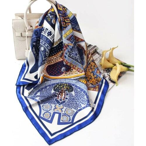 100% Twill Silk Scarf Unisex Man Women Sqaure Kerchief Luxury Fashion Saddle Print Shawl Stole Hand Rolled Hijab 90*90cm