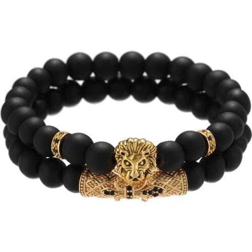 2020 Fashion New CZ Lion Crown Men Bracelet Pave Cz Tube 8mm Matte Stone Beads Couple Bracelet Sets For Men Jewelry Gift