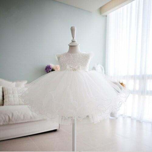 White Lace Baby Girl Wedding Dress Sequin Tulle Christening Gown Infant Newborn 1 Year Birthday Princess Dress for Baptism Party
