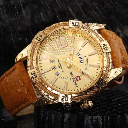 NAVIFORCE Mens Creative Fashion Analog Quartz Wrist Watch Leather Strap Waterproof Complete Calander Watches Relogio Masculino