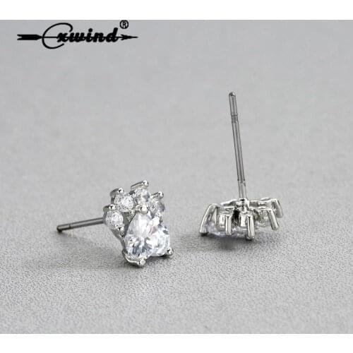 Cxwind Charm Zircon Cuff Stud Earrings CZ Bear Dog Paw Print Heart Earring Female Girl Cute Small Animal Jewelry anillos mujer