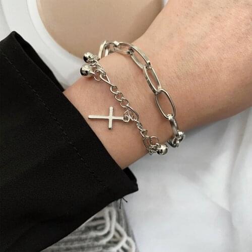 FAMSHIN Punk Cross Heart Charm Bracelet Mulit-layer Chain Coin Bracelets & Bangles For Women Party Silver Color Jewelry Gifts