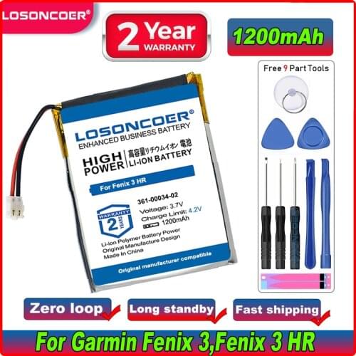 LOSONCOER 800mAh 361-00034-02 For Garmin Fenix 3 Fenix3 3F, Fenix 3 HR GPS sports watch FLPB342735-P1 Replacement Battery