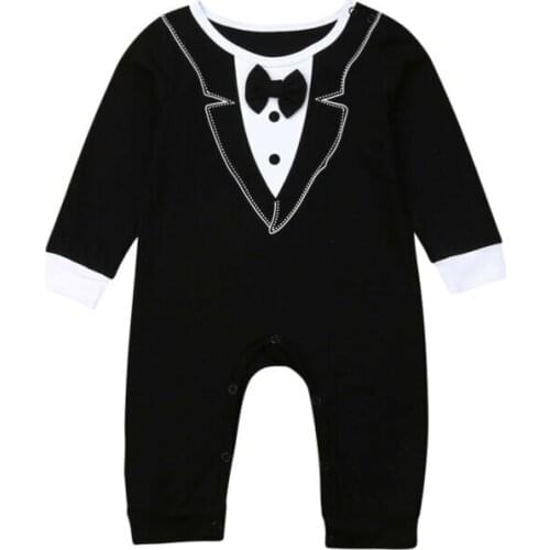0-18M Baby Boy Romper Cute Newborn Infant Boys Romper Bowtie Gentleman Wedding Party Long Sleeve Outfit Jumpsuit Summer Clothing
