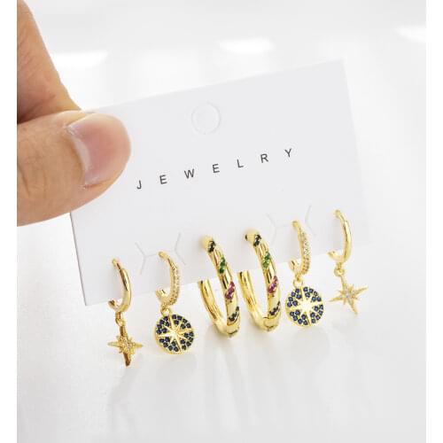 SIPENGJEL Colorful Rainbow Zircon Geometric Star Pendant Hoop Earings Set Punk Circle Huggie Earrings For Women Jewelry 2021