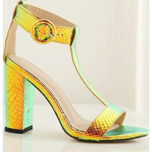 Summer 2020 new transparent crystal high heels snake buckle thick green sandals Roman shoes