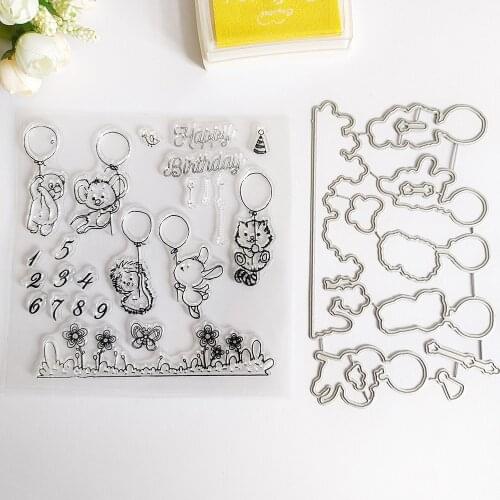 AZSG Flying Animal Balloon Birthday Cutting Dies Clear Stamps For DIY Scrapbooking/Card Making/Album Decorative Silicone Crafts