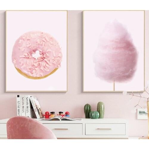Pink Donut Cotton Candy Dessert Poster Nursery Decor Wall Art Nordic Prints Pastel Pink Canvas Painting Baby Room Girls Bedroom