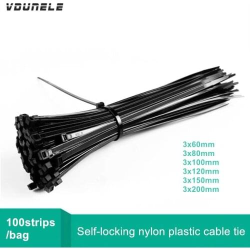 Cable Tie Self-locking Nylon Plastic Zip Ties Industrial Grade Black Wire Tie 3*100/ 3*60/ 3*150/ 3*200 mm