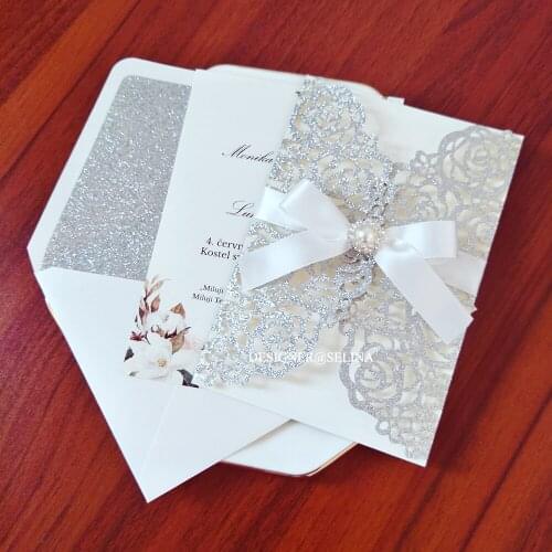 50x Silver Wedding Invitations With Pearl Rhinestone And Glittery Envelope, Floral Gold Red Champagne Bridal Shower Invites