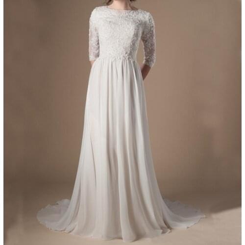 Modest Wedding Dresses With 3/4 Sleeves Beaded Lace A-line Chiffon Boho Informal Bridal Gown LDS Religious Wedding Gown