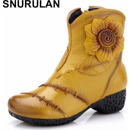 SNURULAN Women Genuine Leather Boots 2018 Winter Fashion High Quality Soft Bottom Med Heels Ankle Boots Female Cowhide Floral