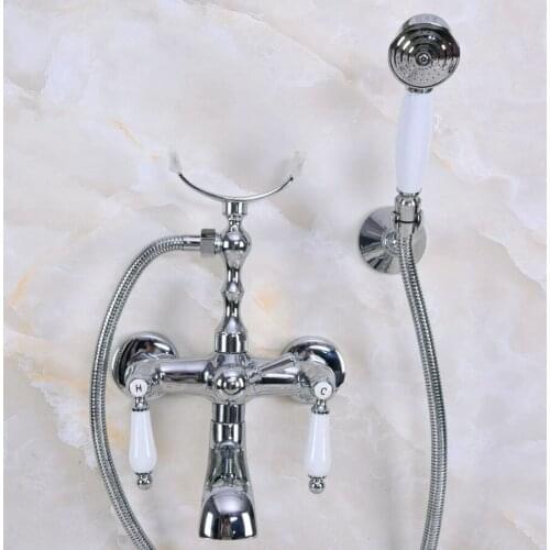 Modern Wall Mount Polished Chrome Brass Bathroom Tub Faucet Clawfoot Hand Shower Mixer Tap Telephone Shape Hand Spray ana236