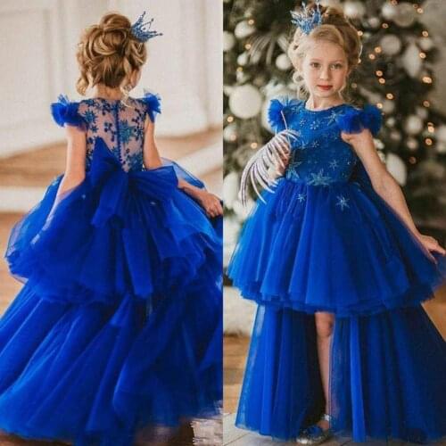Royal Blue High Low Beaded 2020 Flower Girl Dresses For Wedding A Line Tiered Toddler Pageant Gowns Tulle Kids Communion Dress