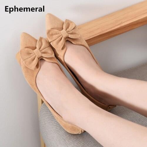 Ladies Butterfly-Knot Flats Flock Pointed Toe Slip-ons With Bowtie Black Beige Shallow Mouth For Dancing Outdoor Footwear 43 8 9