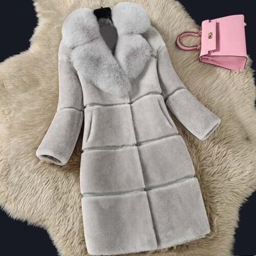 Elegant Faux Fur Coat Women 2021 New Winter Warm Soft Fox Fur Collar Long Jacket Female Plush Overcoat Casual Cashmere Outwear