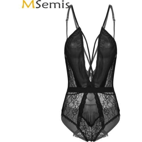 Womens See Through Lingerie Sexy Sheer Mesh Lace Bodysuit Nightwear Adjustable Spaghetti Straps Deep V Backless Leotard Catsuit