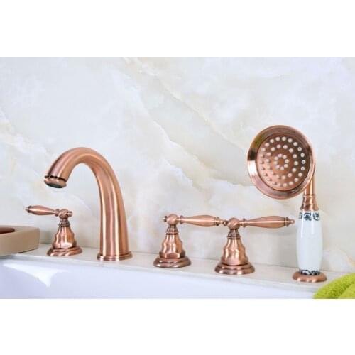 Antique Red Copper Brass Widespread Three Handles Deck Mounted 5 Holes Bathroom Tub Faucet Mixer Tap With Handshower mtf236