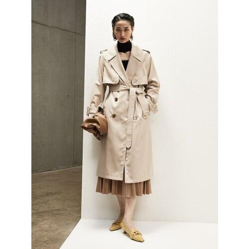 The Goddess of Temperament_ Almond Double Floating Windbreaker Womens Mid Length Double Breasted Lace Up Slim New 2021