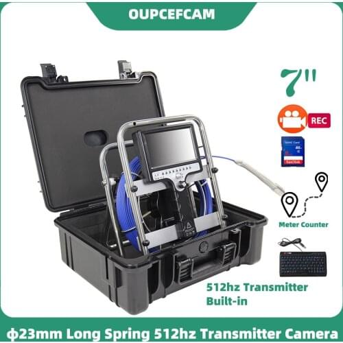 Φ23mm Long Spring Camera 512hz Transmitter Built-in Drain Sewer Pipe Inspection Endoscope 7" Screen DVR Keyboard Meter Counter