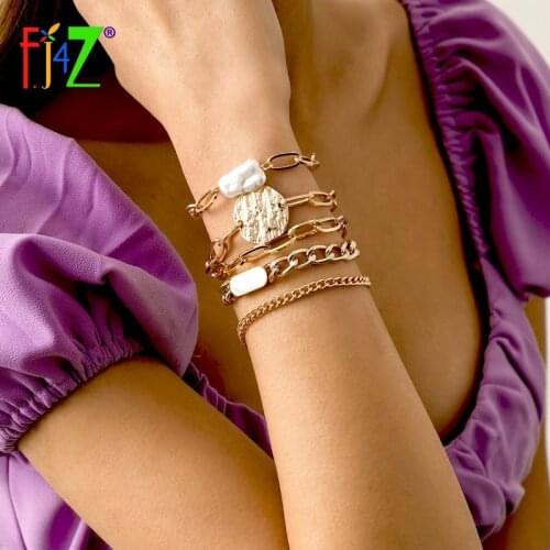 F.J4Z 2021 Trend Bacelets for Women Fashion Punk Curb Chain Irregular Pearl Geometric Charm Bracelet Lady Bangle Party Jewelry