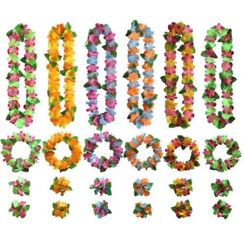 Hawaii 4pcs set Hawaiian Flower Headpiece Leis Necklace Bracelets Headband Set for Luau Party Decoration Supplies colorful