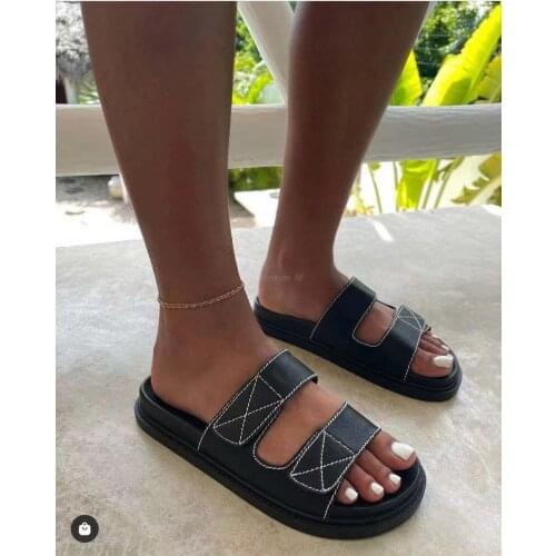 Hot new summer Velcro slippers for outer wear European and American fashion soft bottom one word plus size ladies slippers