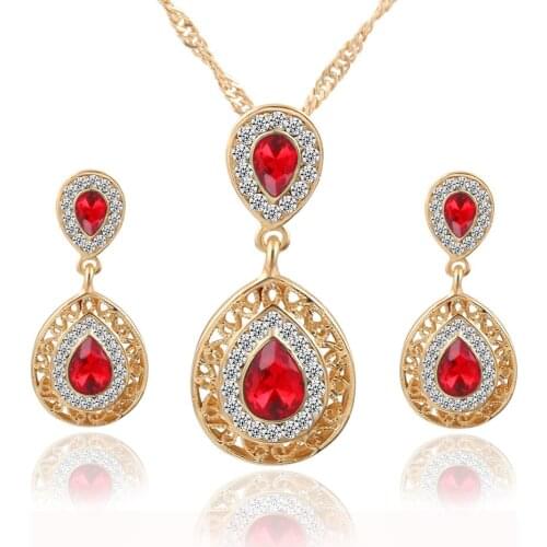 10 sets/lot Gold Necklace Earrings Set Crystal Waterdrop Pendant Engagement Wedding Bridal Jewelry Sets Rhinestone Drop Earring