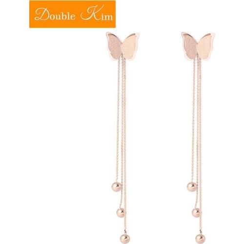 Rose Gold Color Titanium Steel Frosted Butterfly Tassel Round Earrings Antiallergic No Harm To Skin Fashion Trendy Jewelry Gift