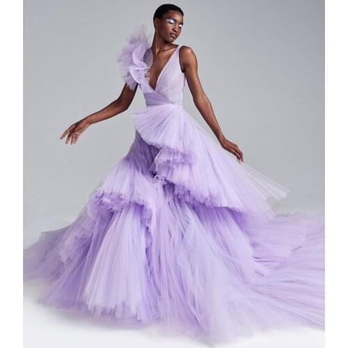 Lavenda Tiered Tulle Dresses 2020 New Arrival Girls Ruffle V-Neck Zipper Back Ball Gown Prom Dress Evening Gown вечерние платья