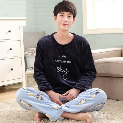 Men autumn and winter thick coral fleece pajamas men cute cartoon casual hood flannel warm fluffy men pajama sets pajama set